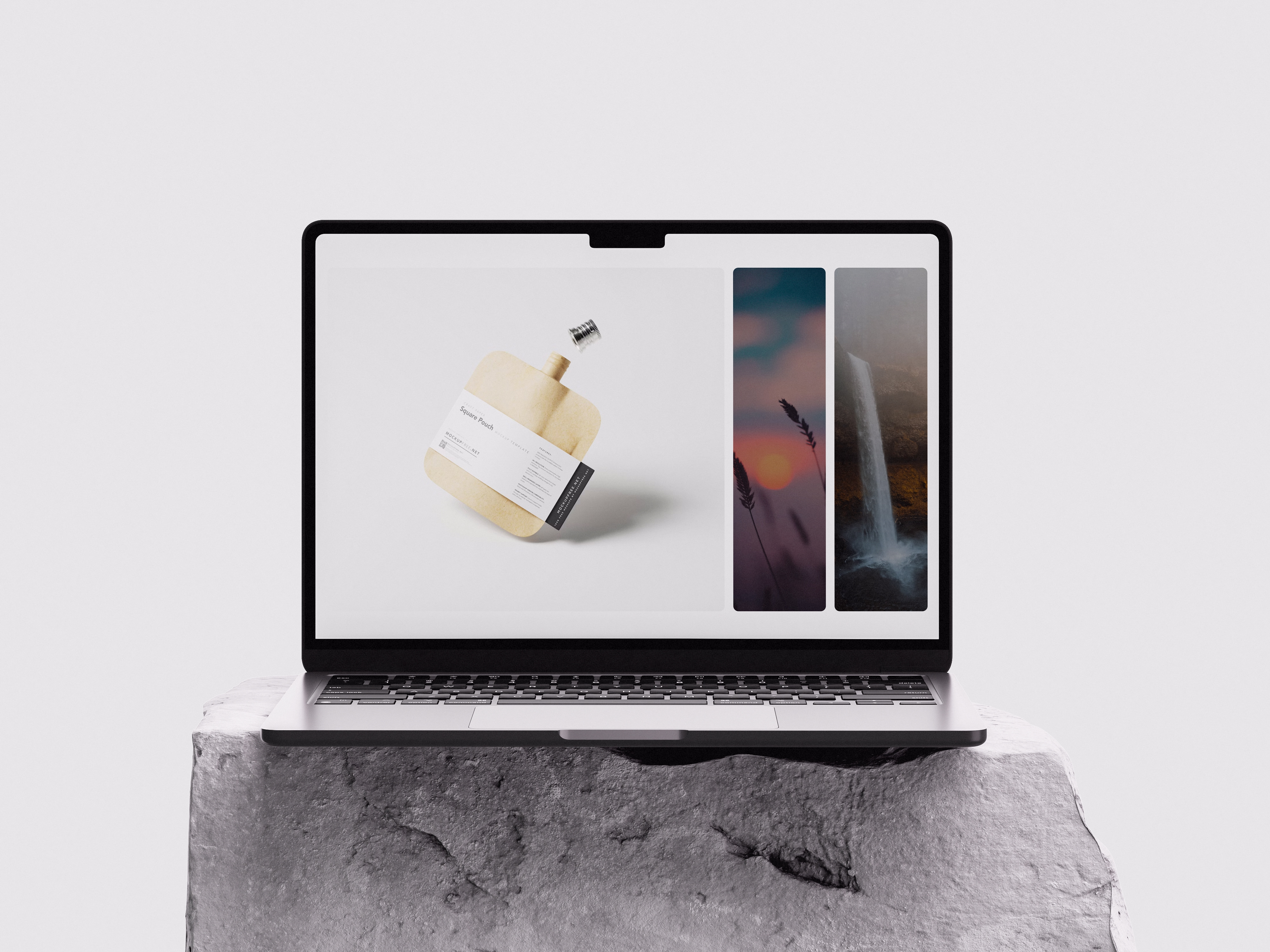 A front view of MacBook Pro mockup shot, and the screen shows the who we are section of the home page of a flexible packaging solution company 'Inkai.'