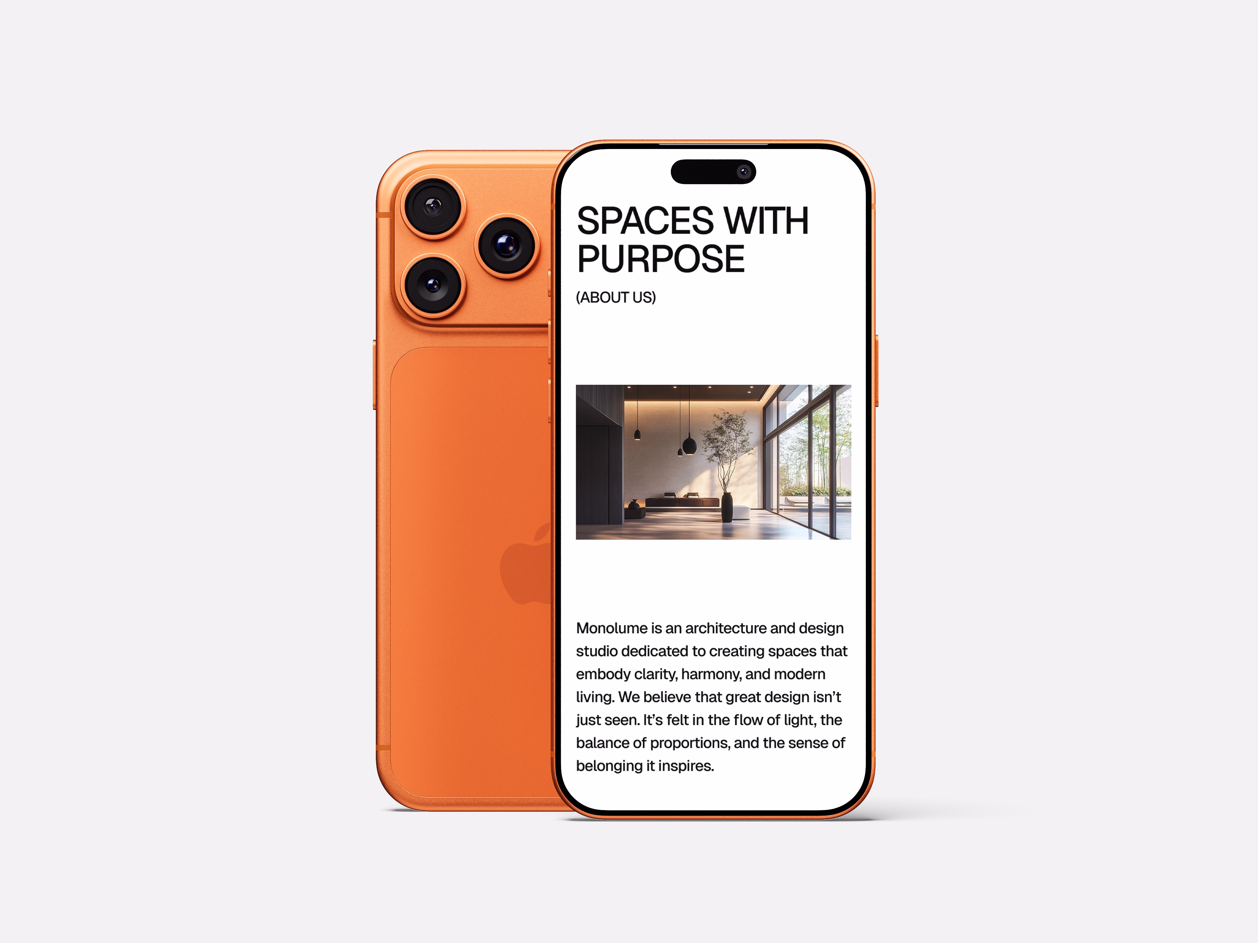 A front view of an iPhone 17 Pro mockup, and the screen shows the phone version of the hero section of the about page of the architecture company 'Monolume.'