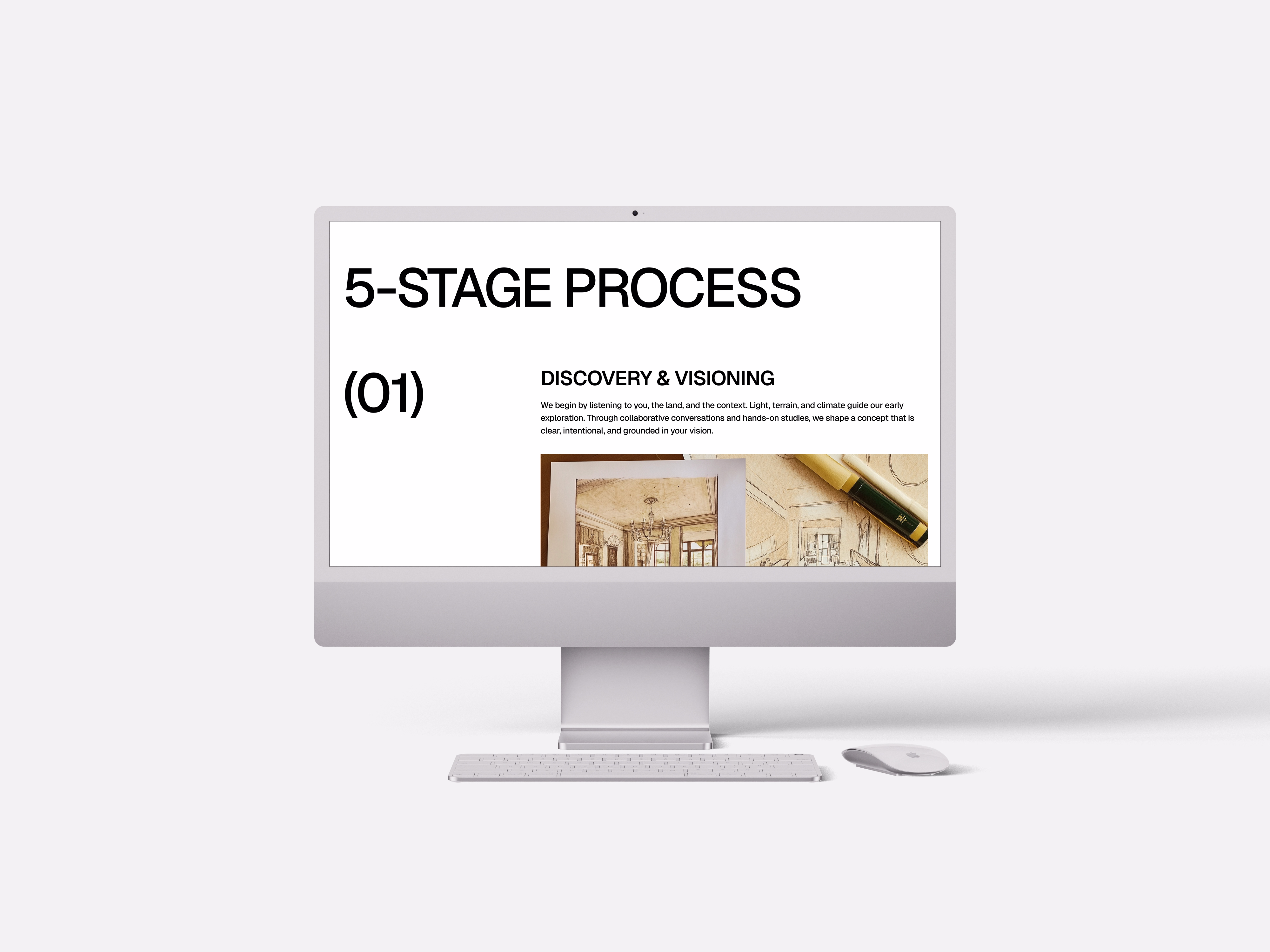 A front view of iMac mockup shot, and the screen shows the stage section of the process page of a architecture company 'Monolume.'